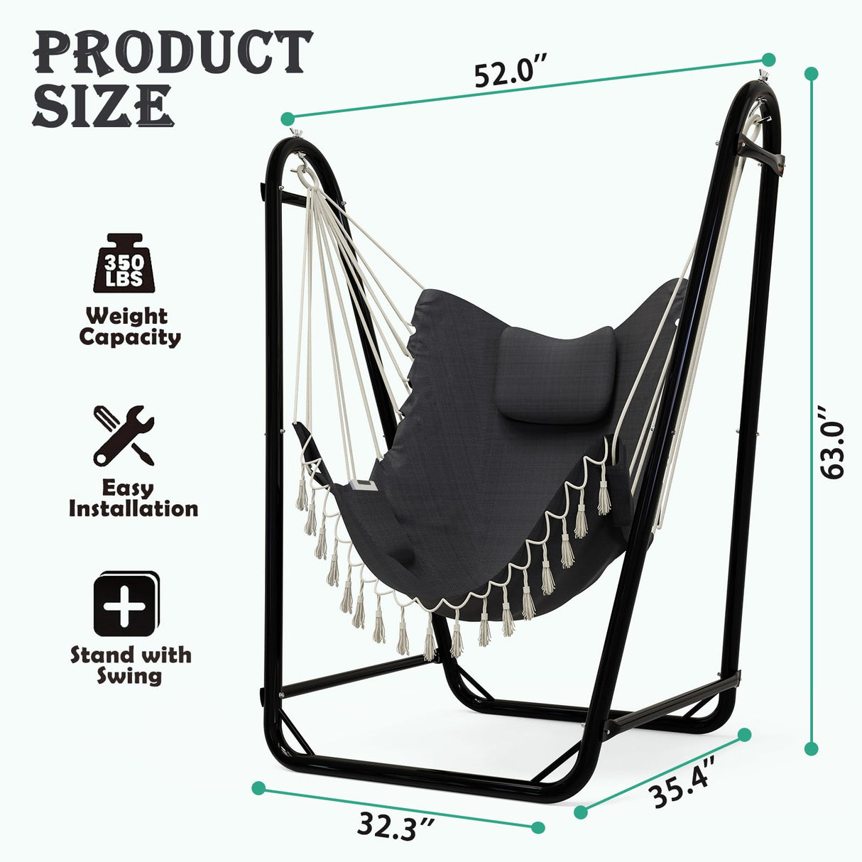 Unique U-Shaped Hammock Chair with Stand,Sturdy & Rust-Resistant,Free Gray Cotton Hammock Chair TOREVSIOR
