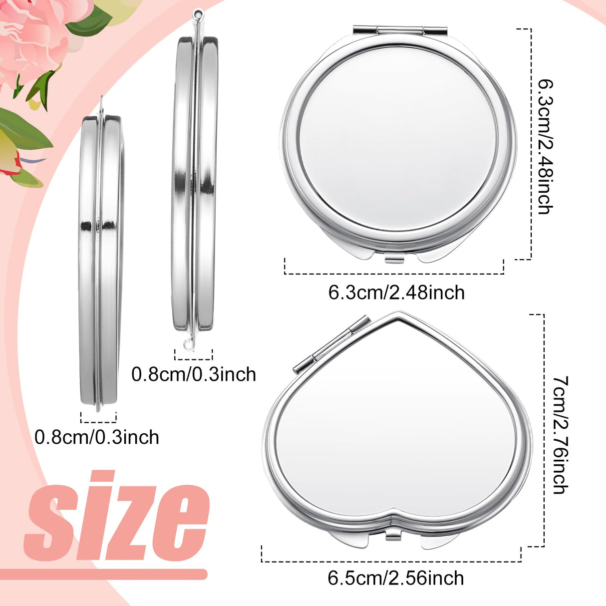 Jetec 6 Pcs Sublimation Blanks Products Small Compact Mirror Bulk Heat Transfer Folding Pocket Makeup Mirror Heart Round Double Sided Handheld Mirror Sublimation Mirror for Women Gift Purse Travel Jetec