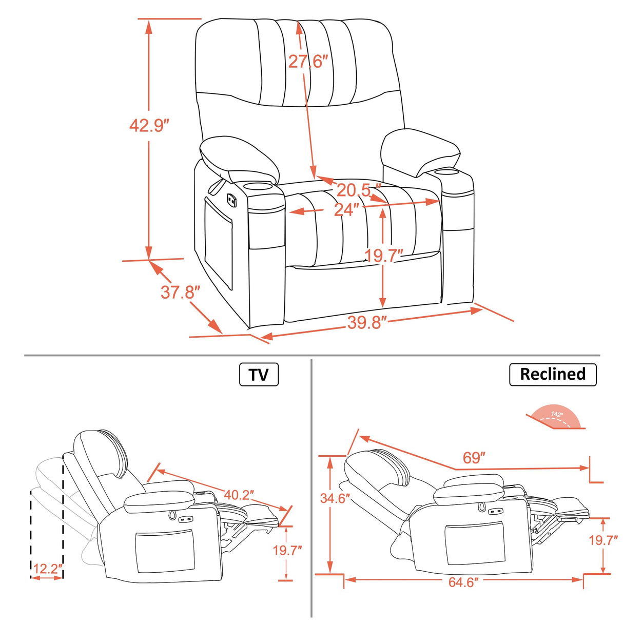 MCombo Oversized Swivel Glider Rocker Power Recliner Chair for Living Room with Heat and Vibration Massage, USB Ports, Cup Holders and Pockets, Faux Leather 7785 (Black) MCombo