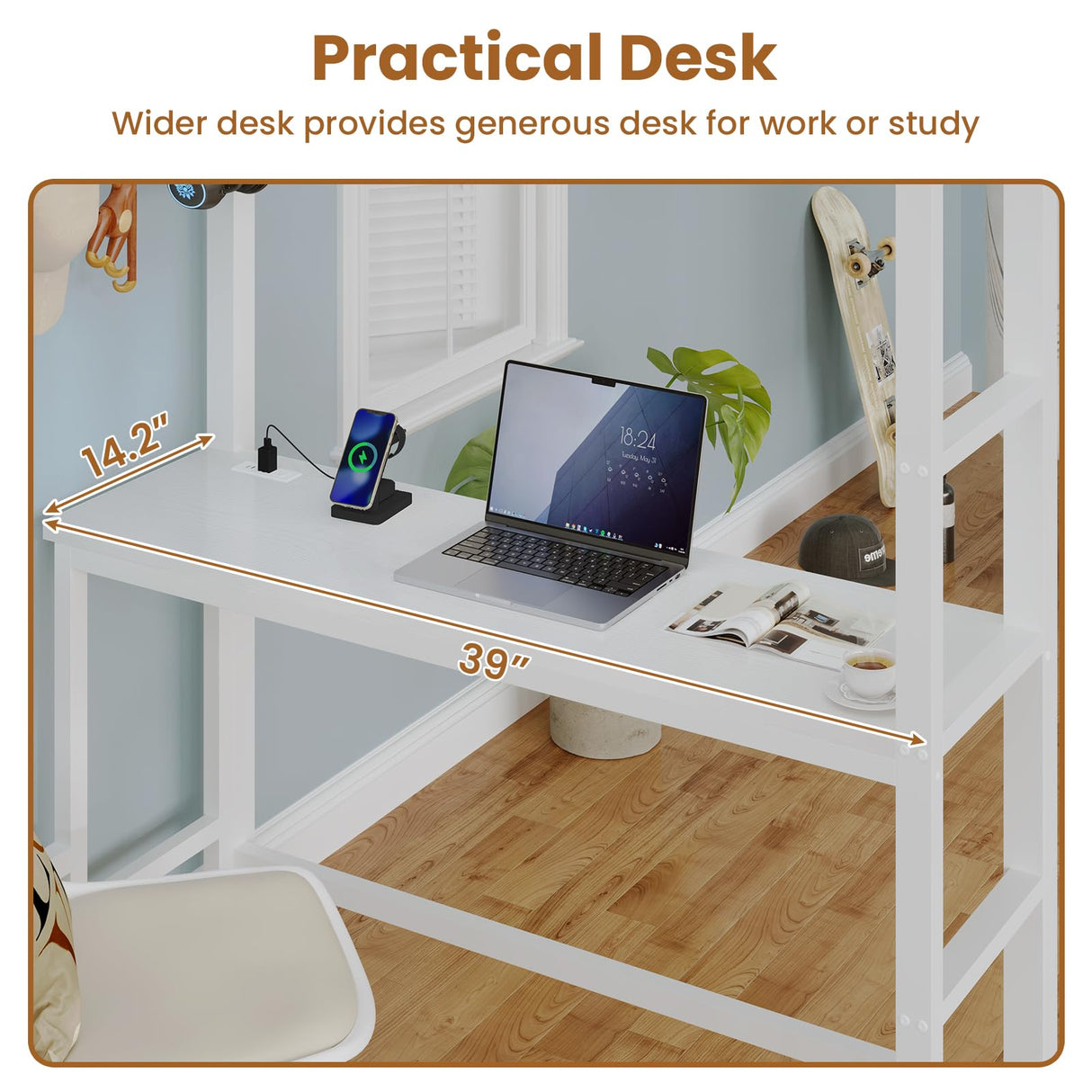 BTHFST Twin Loft Bed with Desk & 8 Storage Drawers Tall Dresser, White Metal Loft Bed with LED Lights & Charging Station, 2-Tier Storage Shelves, Stable & Sturdy, Noise Free, White BTHFST