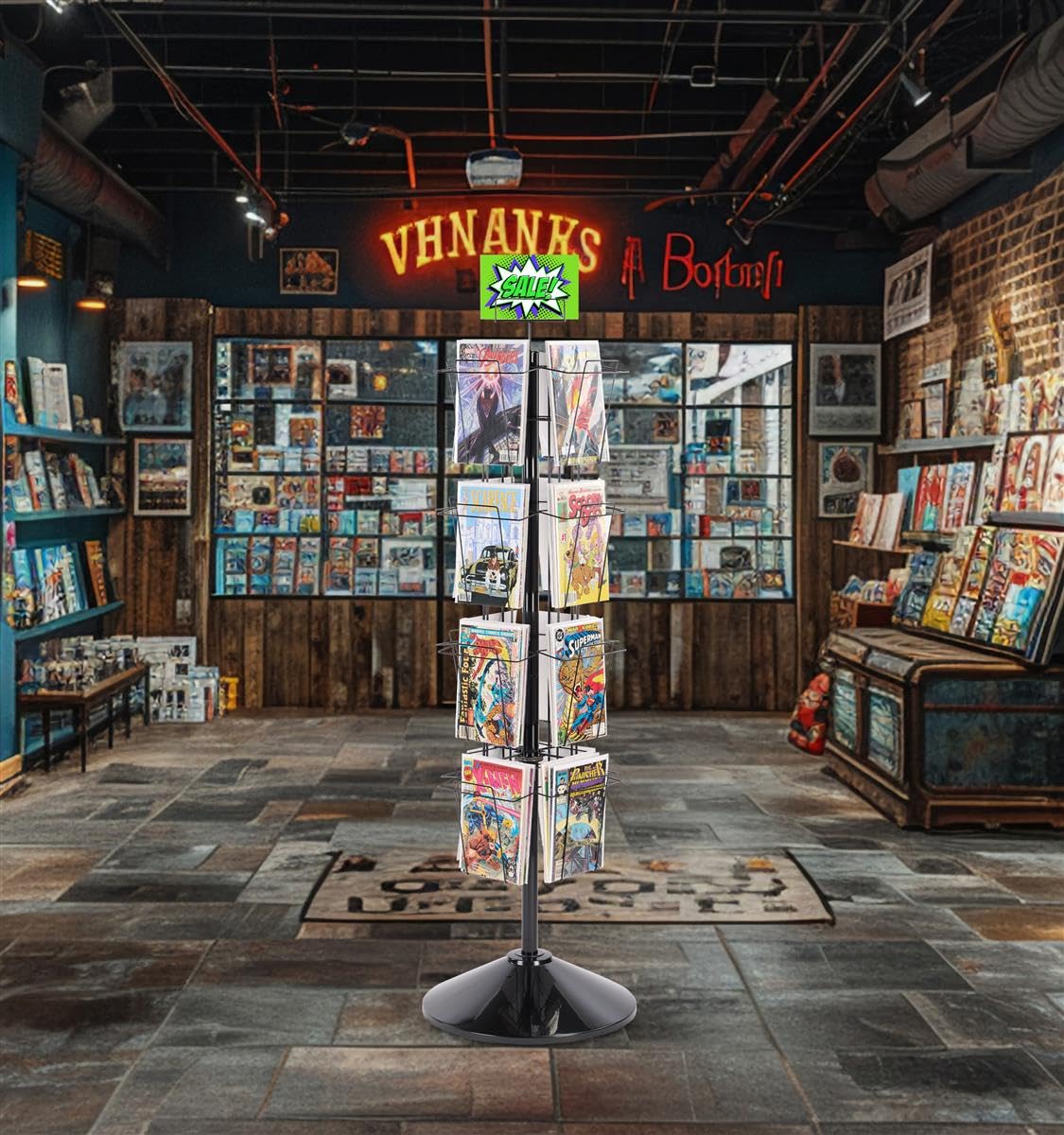 Displays2go 59" Tall Metal Wire Rotating Magazine Rack with 16 Pocket and Sign Holder - Black (WSFM416PB) Displays2go