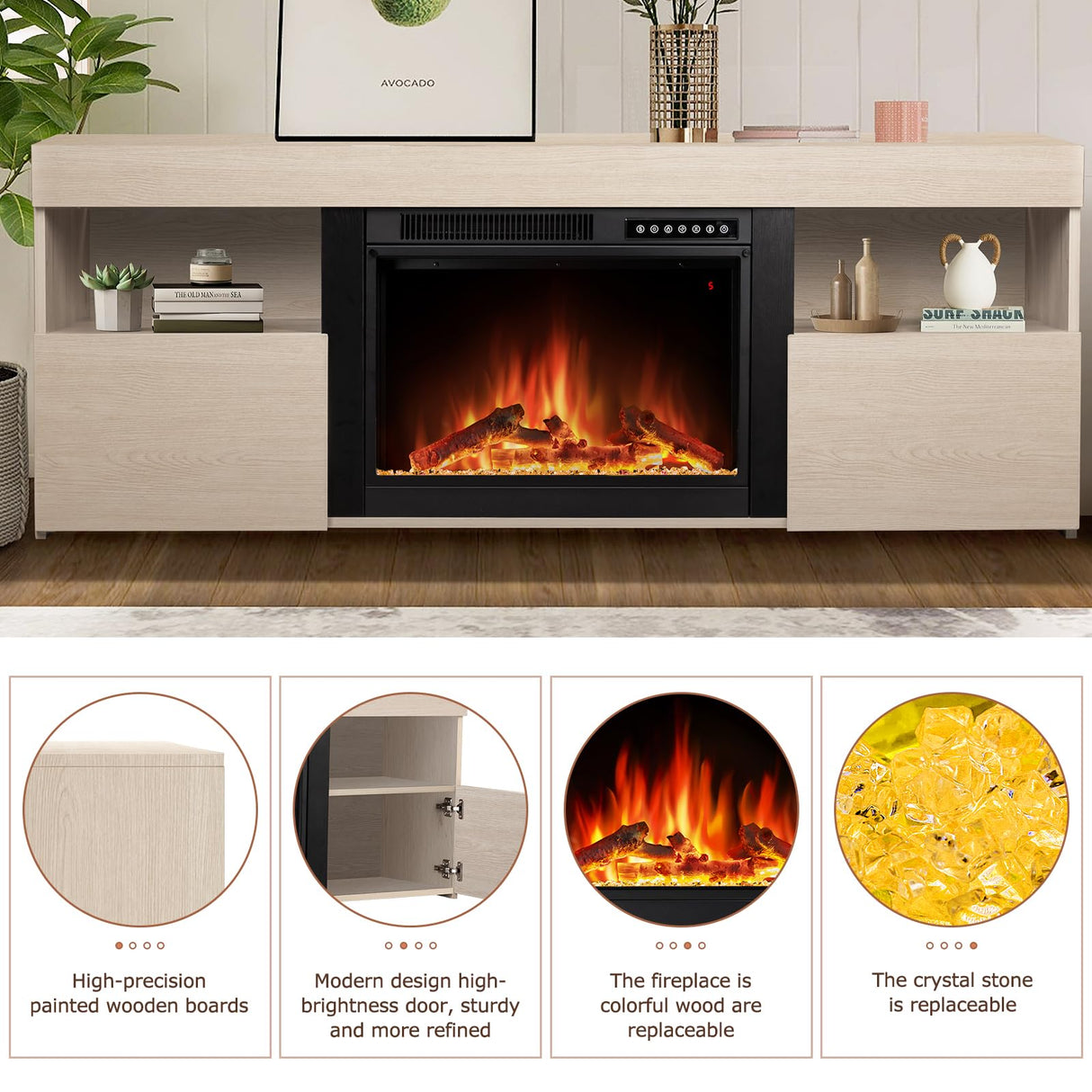 Xbeauty 60" Fireplace Tv Stand Mantel Wood Surround Firebox Freestanding Corner Fireplace Heater Infrared Quartz Heater Adjustable Led Flame, Remote Control,Lightoak Xbeauty