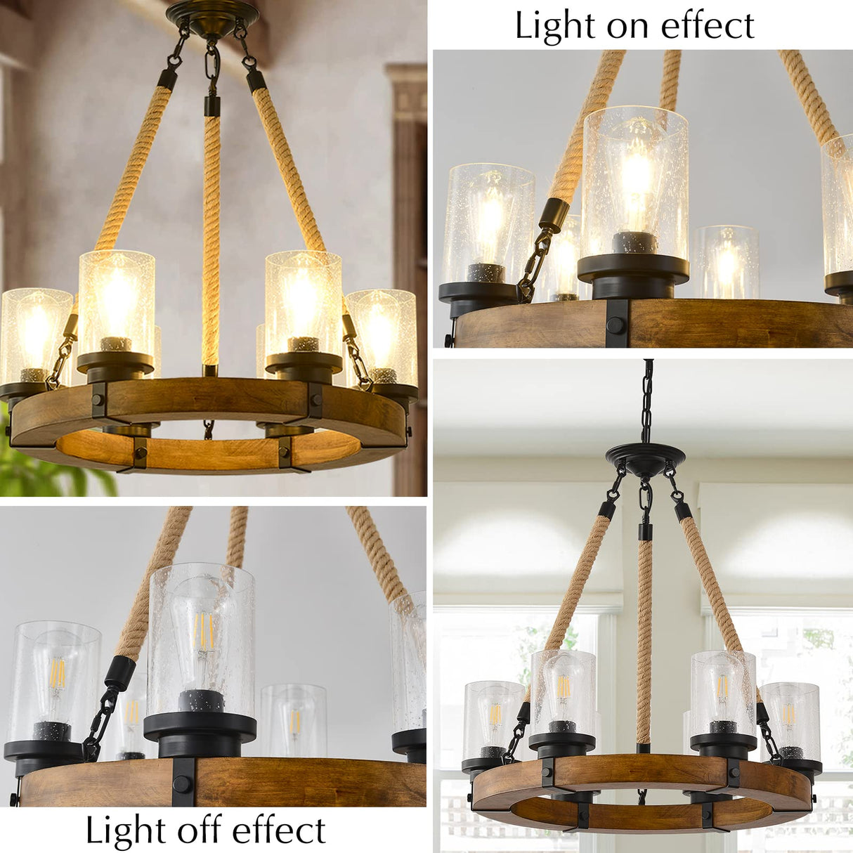 Rustic Wagon Wheel Chandelier with Seeded Glass Shades, 6 Lights Farmhouse Wood Retro Round Wagon Wheel Pendant Light for Living Room Kitchen Island Foyer Entryway BAOURE