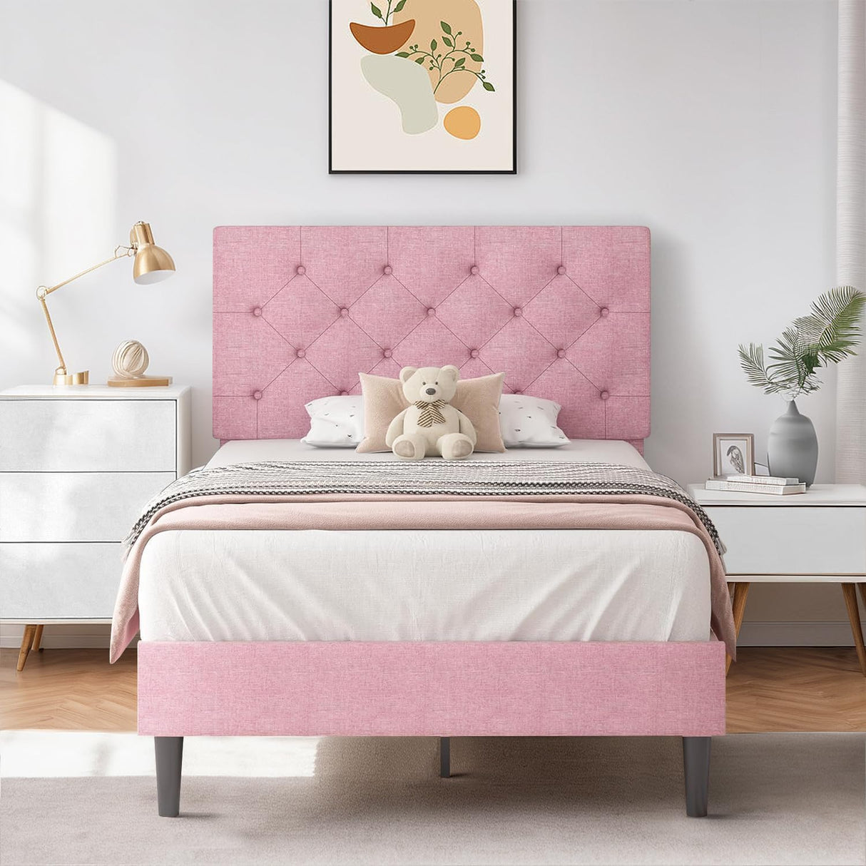 HOMBCK Twin Bed Frame, Upholstered Twin Bed Frame with Headboard, Pink Twin Bed Frame for Girls, Wood Slats, Linen Fabric, Button Tufted, No Box Spring Needed, Pink HOMBCK