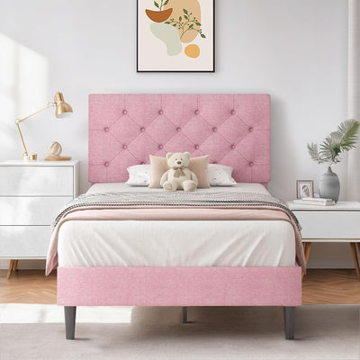 HOMBCK Twin Bed Frame, Upholstered Twin Bed Frame with Headboard, Pink Twin Bed Frame for Girls, Wood Slats, Linen Fabric, Button Tufted, No Box Spring Needed, Pink