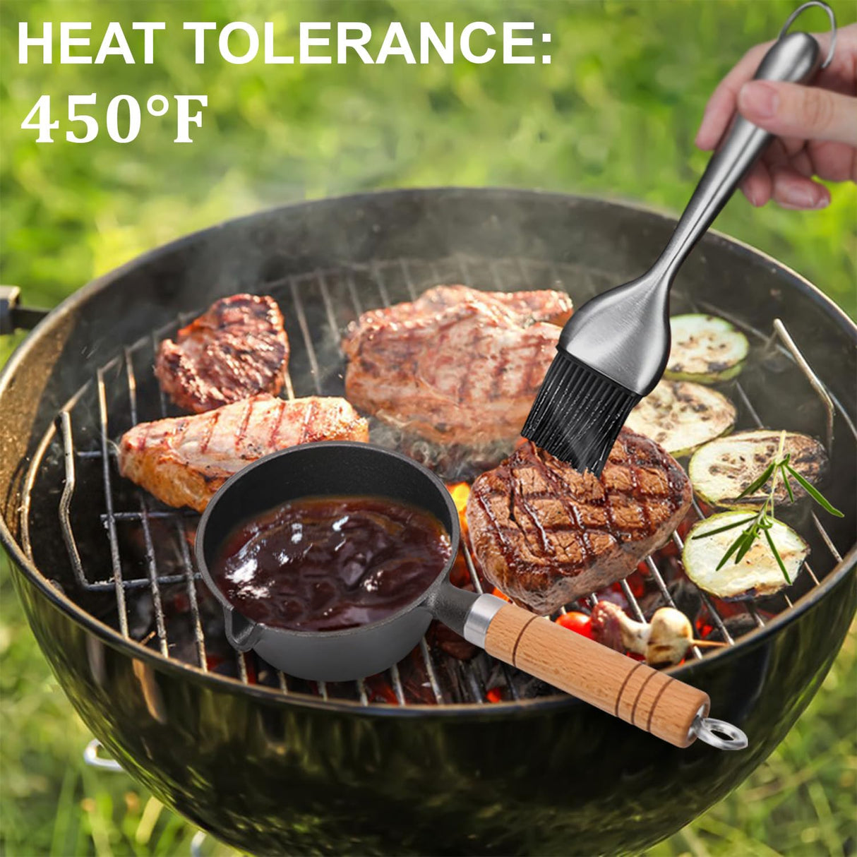 Svailse Cast Iron Basting Pot and Stainless Steel BBQ Brush, Cast Iron Melting Pot with Wooden Handle for Meat Smoker, Grill and Stove, BBQ Basting Set, Mini Cast Iron Bowl for Sauces, 15 Oz Svailse