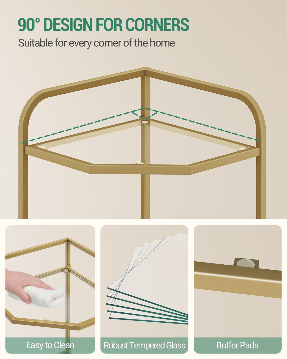 Hzuaneri Corner Shelf Stand, Glass Bookshelf Bookcase, Bathroom Organizer, Plant Stand, Steel Frame, Tempered Glass, Modern Style for Living Room, Bathroom, Kitchen, 5-Tier Golden CS90200G Hzuaneri