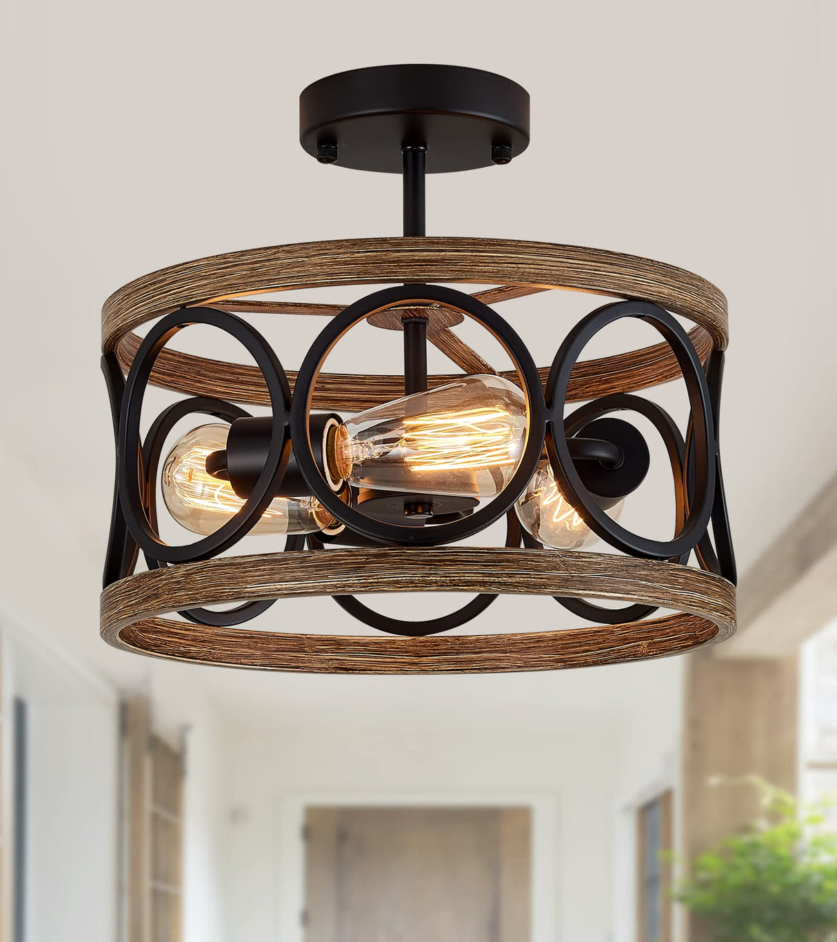 MEIXISUE Semi Flush Mount Modern Farmhouse Ceiling Light Fixtures,3-Lights Black and Retro Wood Finish,Drum Shade Rustic Light Fixtures for Entryway Hallway Foyer Kitchen Dining Room Bedroom MEIXISUE