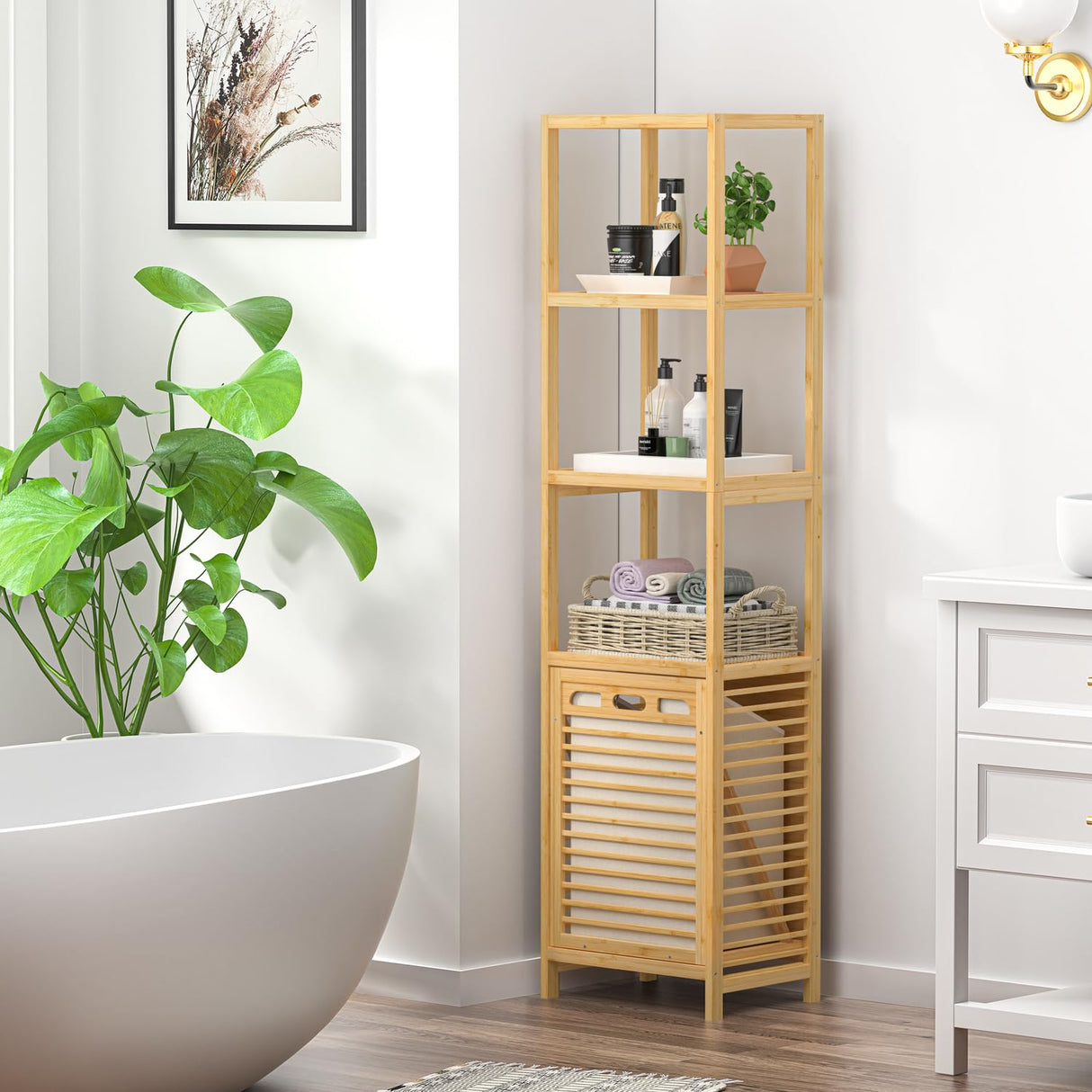 BAMBOOHOMIE Bamboo Tilt Out Laundry Hamper, 4-Tier Tilt Out Hamper for Laundry with Shelf & Removable Clothes Basket - Can Convert to 2-Tier Pull-Out Laundry Hamper & 2 Tier Freestanding Shelf, Beige BAMBOOHOMIE