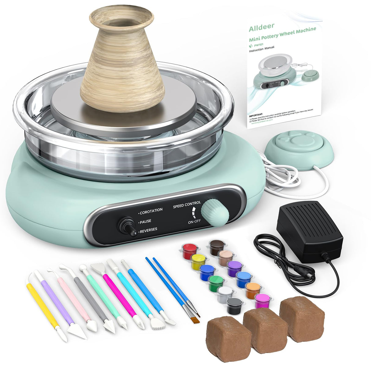 Mini Pottery Wheel Machine Kit, 4.7inch Electric Clay Wheel with Foot Pedal, Adjustable Speed & Forward/Reverse Rotation Ceramic Wheel, Tiny Clay Spinner for Adults, Kids and Beginners Alldeer