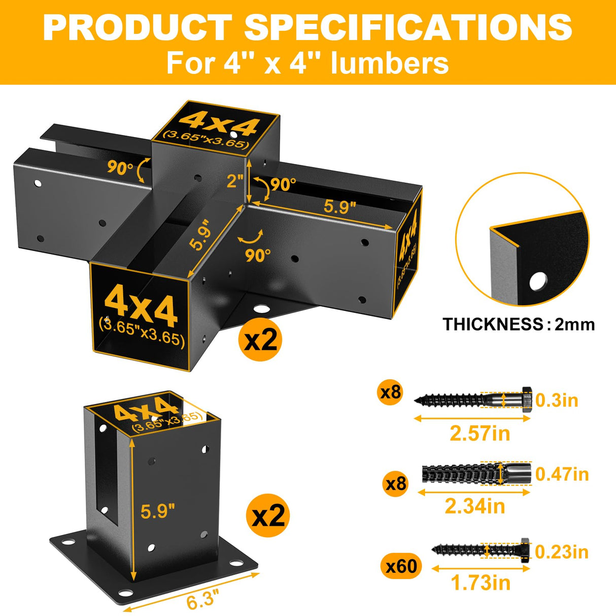 Wilkblck Pergola Brackets Kit 4''x 4'', Gazebo Brackets 2 Set Heavy Duty 4-Way Right Angle Corner Bracket with Pergola Post Base, DIY Pergola Kit Wilkblck