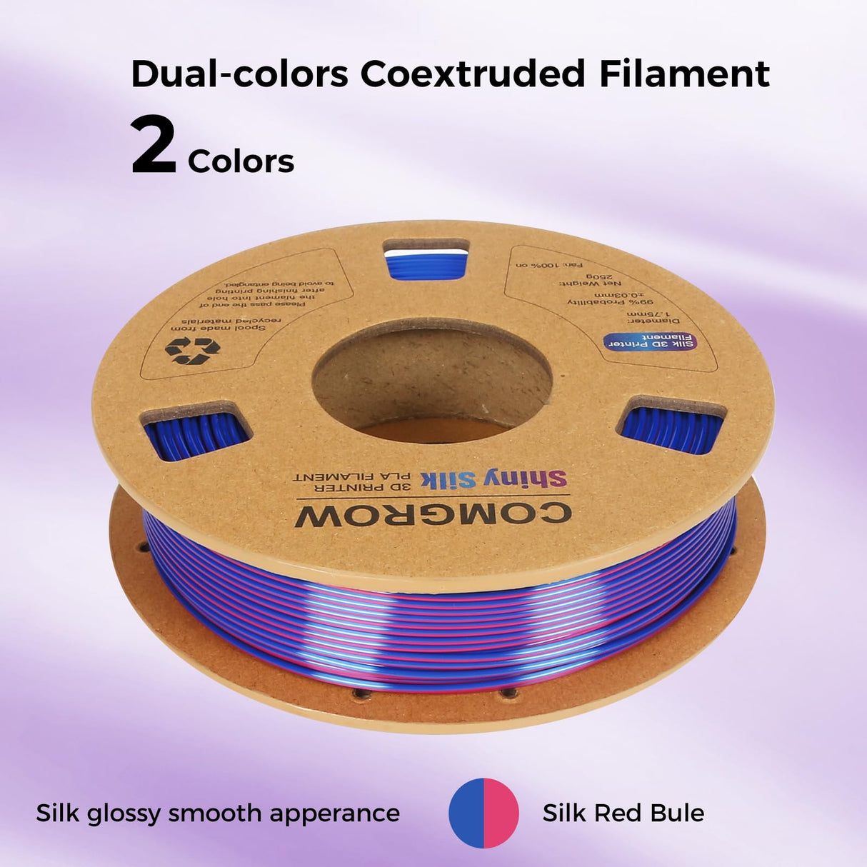 Comgrow Silk Shiny Rainbow Multi-Color 3D Printer Filament, Comgrow 3D Printing Materials Silk PLA 1.75mm, 3D Printing Filament +/-0.02mm, 250g X 4 Spool Red Gold + Red Green + Red Blue + Blue Green Comgrow