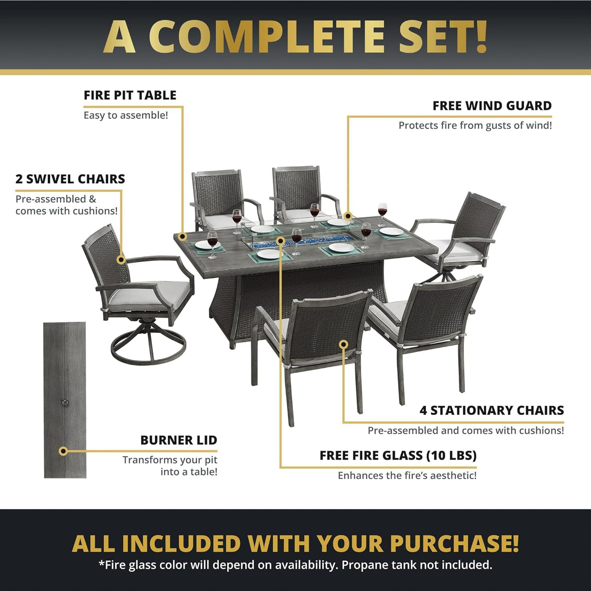 New Upgrade 7-Piece Rattan Patio Furniture Set, 76" Propane Fire Pit Table 50,000 BTU, 4 Dining & 2 Swivel Chairs Included, Cushion, CSA Certified, for Garden Backyard Outdoor Dining and Conversations Lokingrise