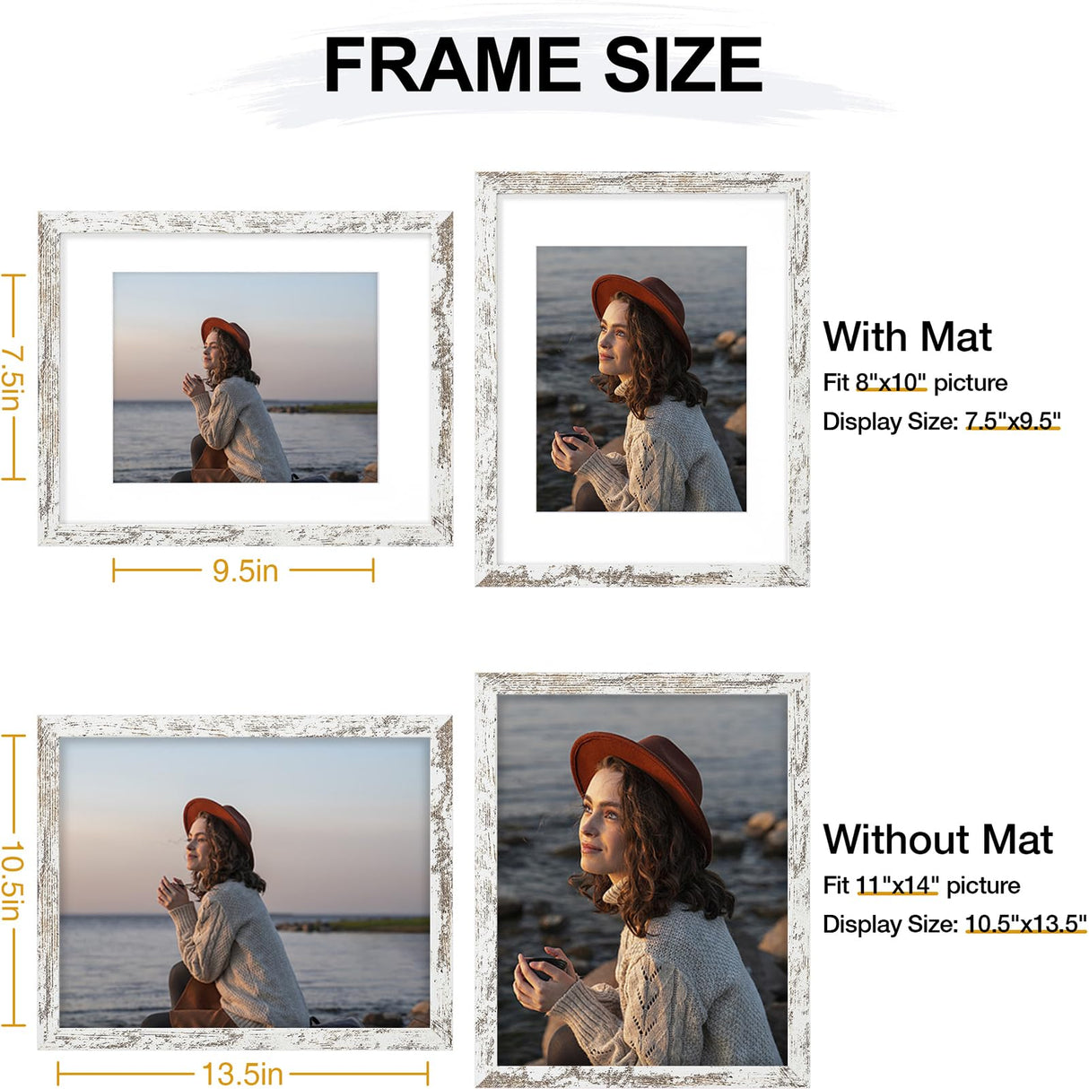 Vittanly 11x14 Picture Frame, Display Pictures 8x10 with Mat or 11x14 without Mat, Rustic Photo Frame for Wall Mounting, Distressed White, 1 Pack Vittanly