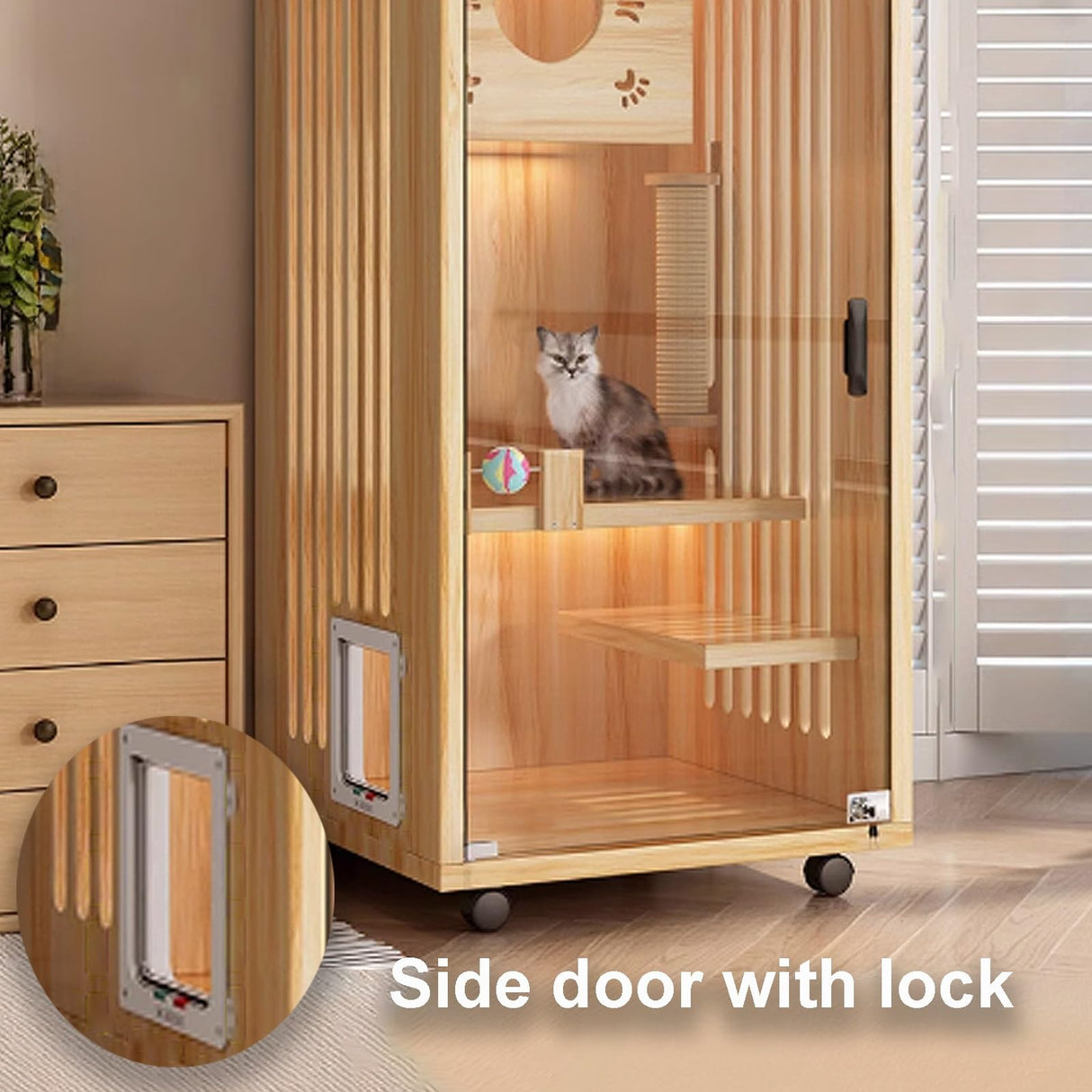 GUQASDV Cat Cage Wood, Catio Indoor Cat Enclosure, Enclosed Cat Playpen, Cat Crate with Wheels and Cat Scratch Post for Ferret, Chinchilla, Small Animals(Black,90x60x120cm) GUQASDV