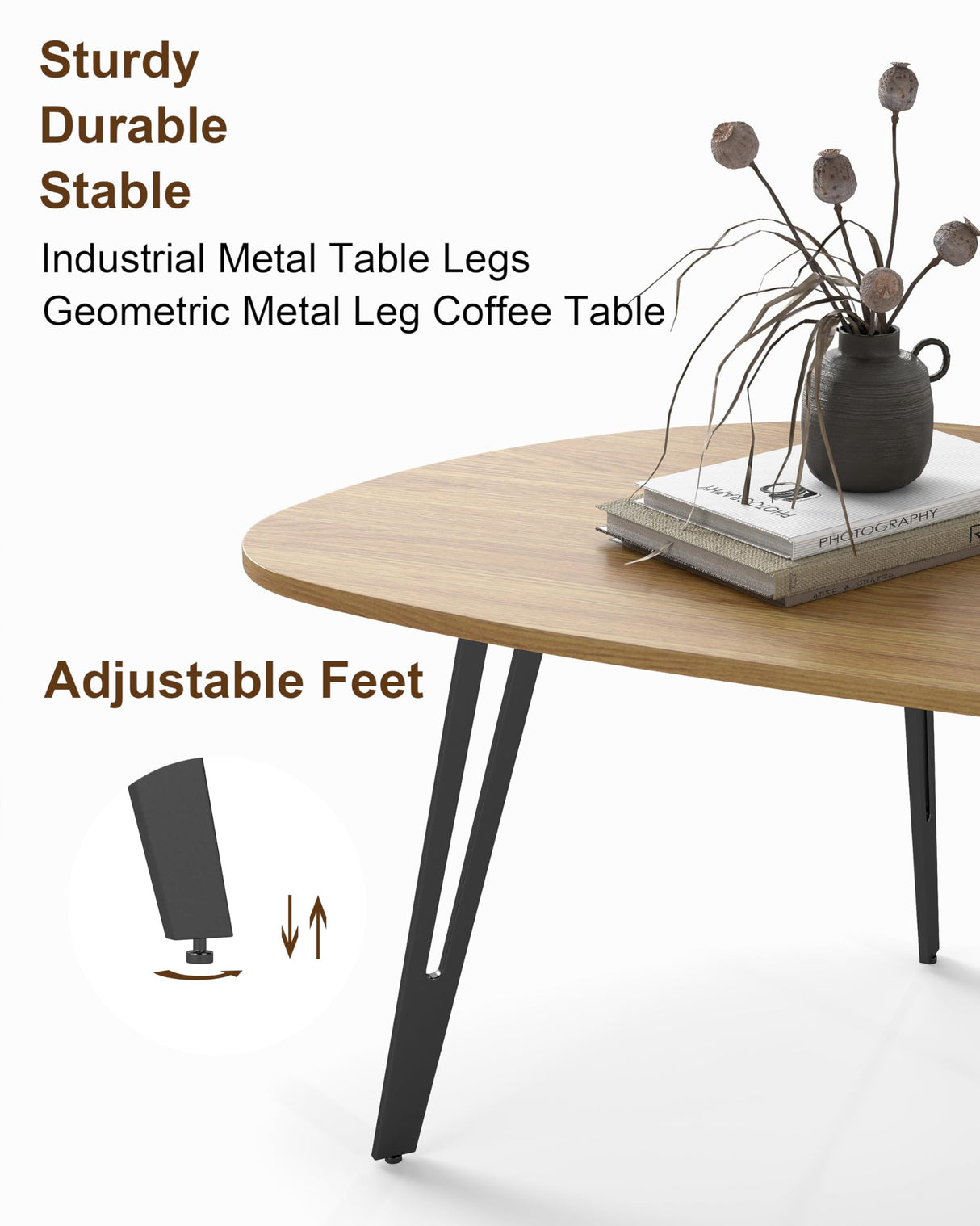 Manora Modern Mid Century Coffee Table, Oval Triangle Wood Center Table with Sturdy Metal Legs, Stylish Living Room Accent Table for Small Spaces Manora
