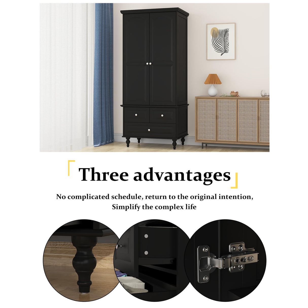 FUNISIR Bedroom Wardrobe Cabinet with 2 Doors, Wood Armoire Closet with Hanging Rod, Wardrobe Closet with 3 Drawers & Multi-Shelves for Clothes Organize, Black (19.7" D x 31.5" W x 70.9" H) FUNISIR
