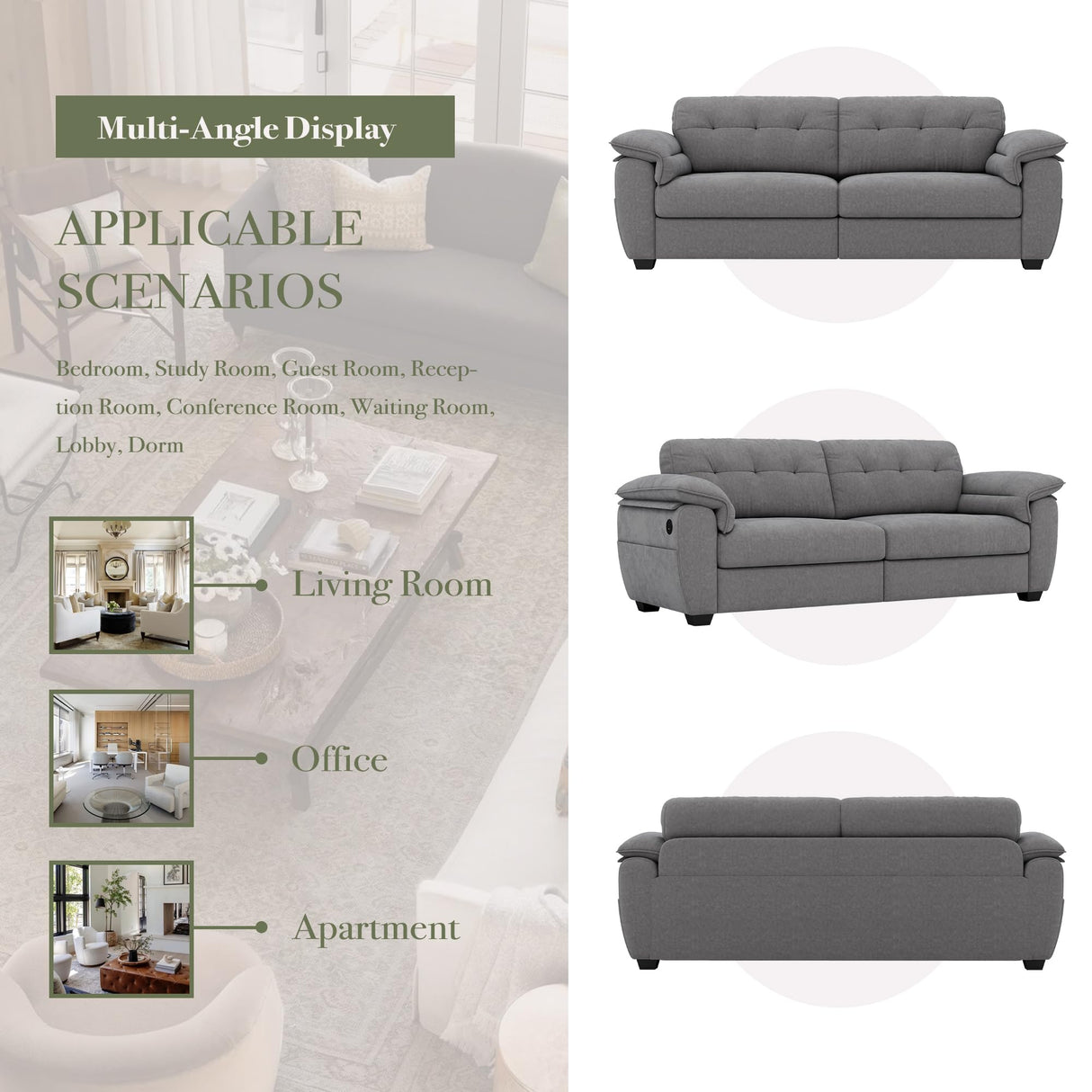 CHYMSUN 87" Modern Sofa, Comfy Sofa Couch w/Extra Deep Seats, 2/3 Seater Couches w/USB Charging Ports & Side Pockets, Sleeper Sofas for Living Room, Apartment, Office (Grey Chenille) CHYMSUN