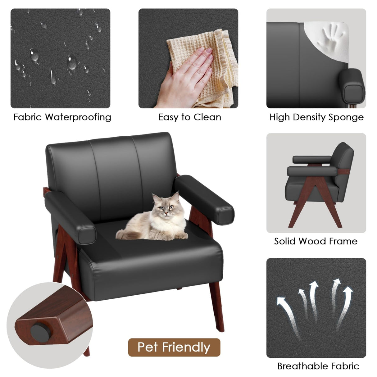 STHOUYN Black Leather Accent Chairs Set of 2, Mid Century Modern Accent Chair, Side Arm Chairs for Living Room, Office Guest Waiting Room Chairs (2, Black) STHOUYN