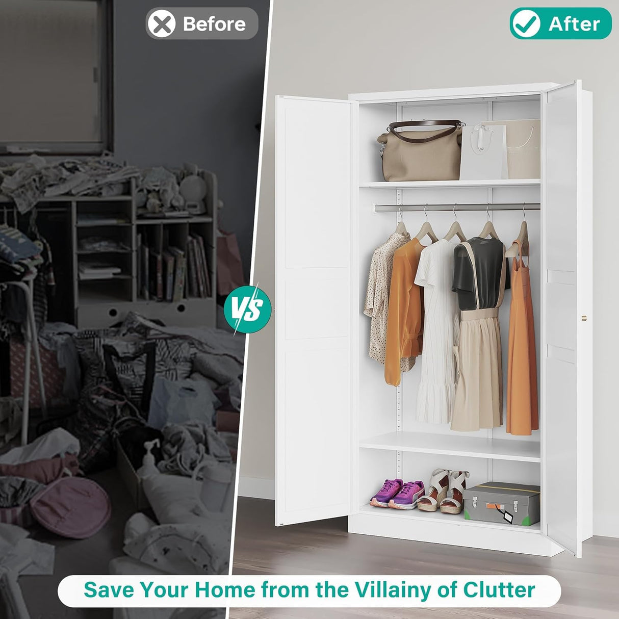 Metal Wardrobe Cabinet with Hanging Rod,White Armoire Wardrobe Closet,Metal Clothing Storage Cabinet with Adjustable Shelves and Doors,72" Wardrobe Storage Cabinet for Home,Living/Laundry Room SISESOL