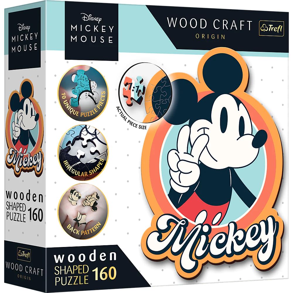 Trefl Disney 160 Piece Jigsaw Puzzle Retro Mickey Mouse Wood Craft Irregular Shapes, 10 Puzzles of Disney Symbols, Modern Premium Puzzle, for Adults and Children from 9 Years Old Trefl