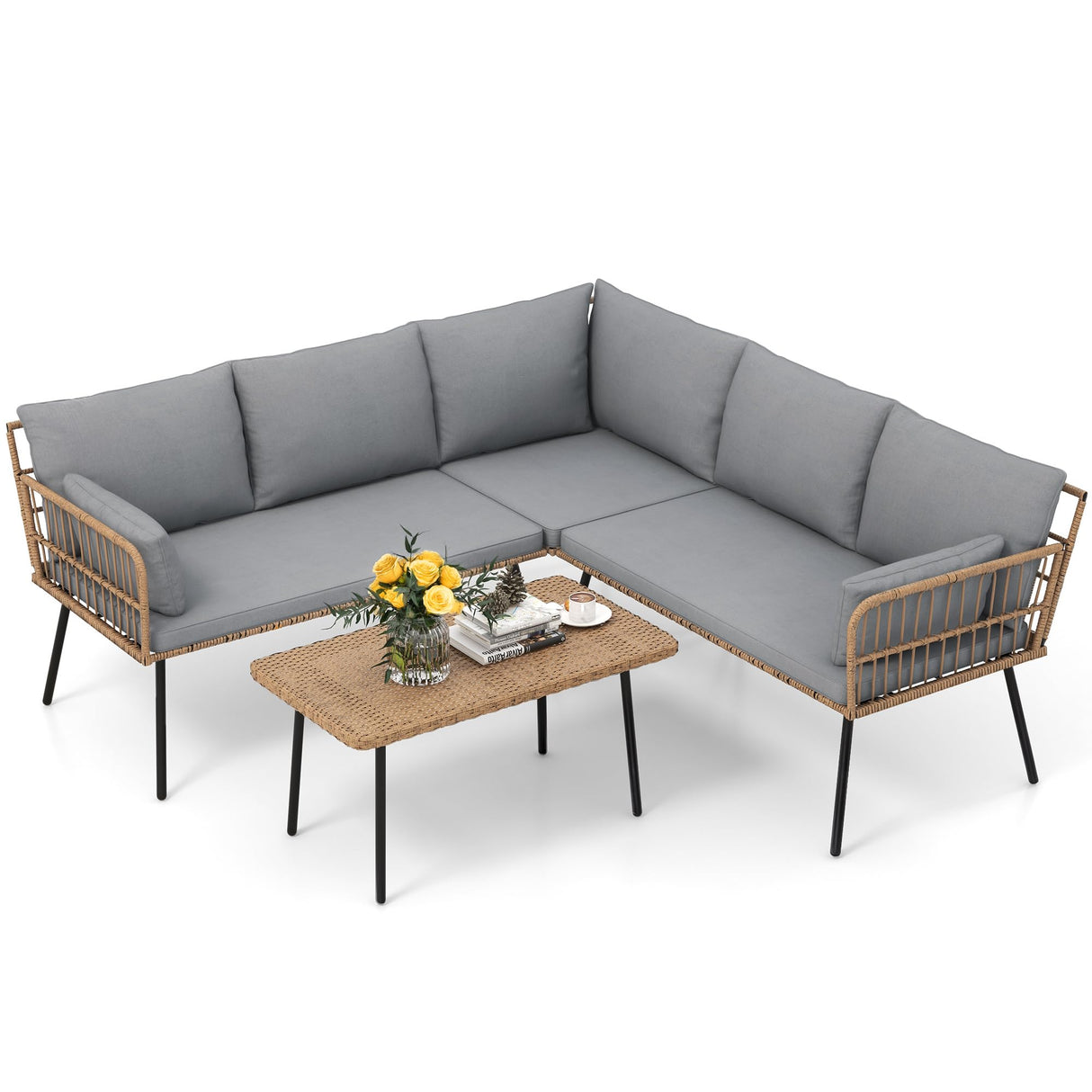 YITAHOME 4 Pieces Sectional Sofa Couch, L-Shaped Sofa with 5 Seater for Living Room, Detachable Lounger with Thickness Cushions and Side Table - Grey YITAHOME