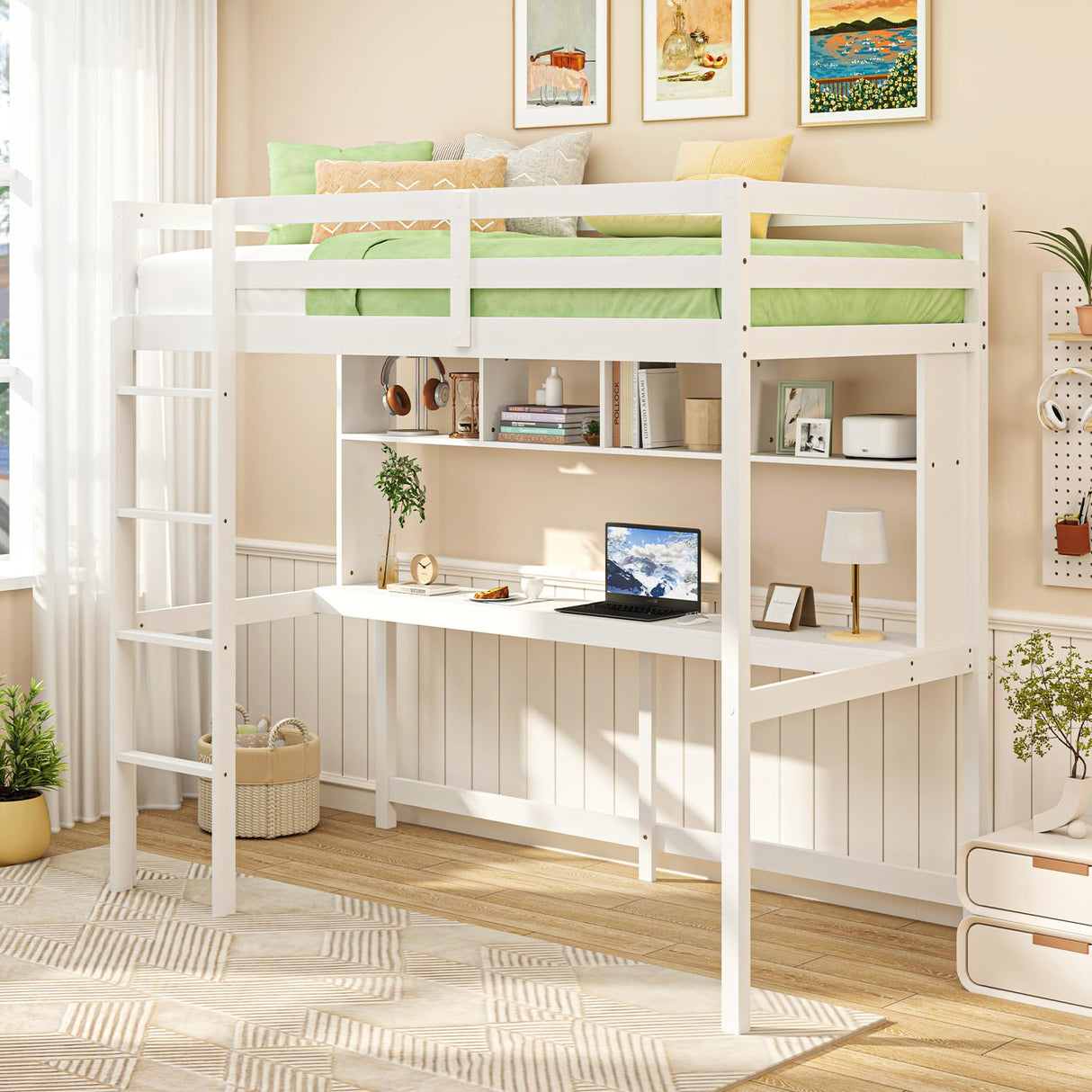 Giantex Twin Loft Bed with Desk & Bookcase, Solid Wood Loft Bed Frame w/Safety Guardrails & Ladder, Space-Saving Twin Size Bed Frame with Storage for Home Dorm Apartment, No Box Spring Needed, White Giantex