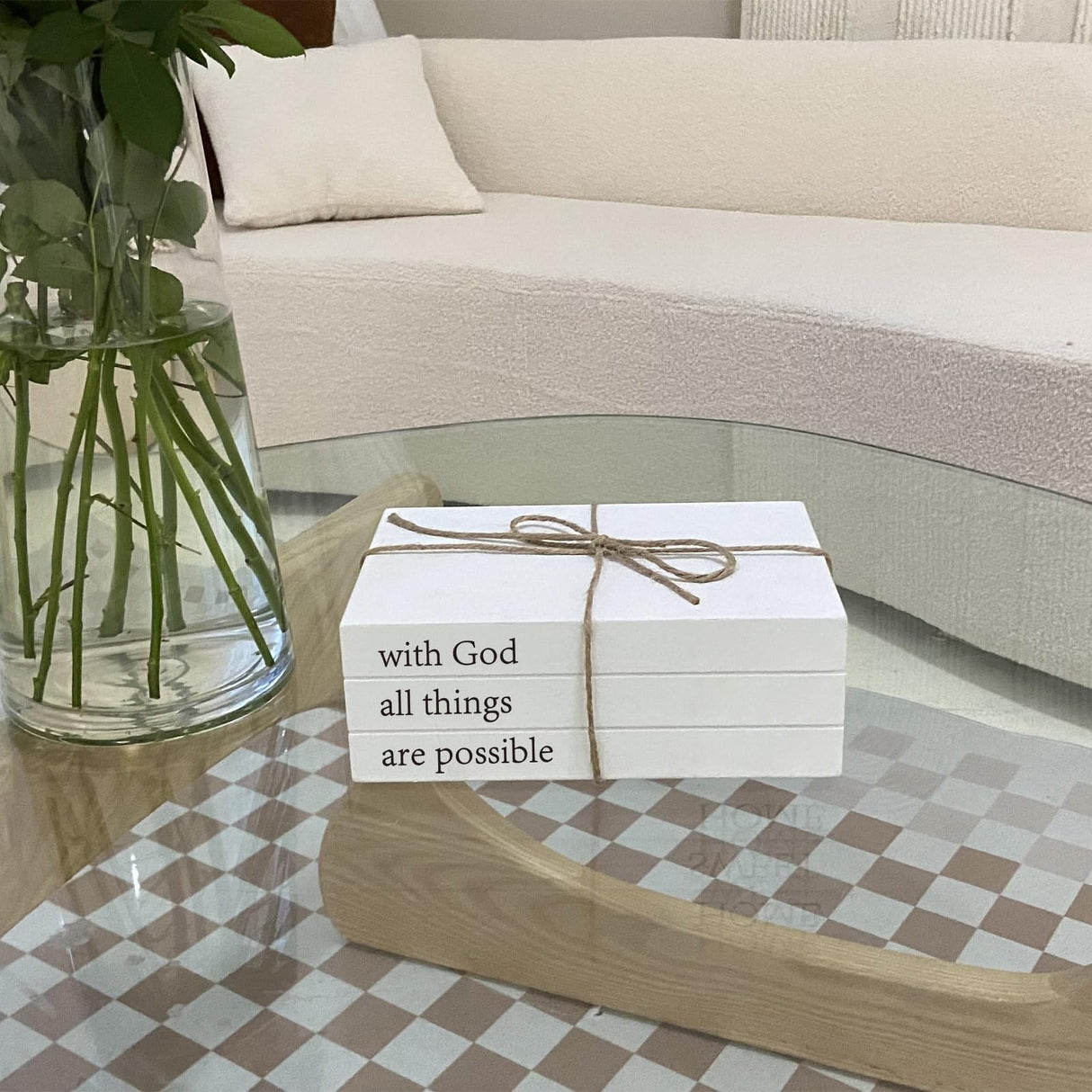 Decorative Books for Home Decor, White Faux Books for Decoration, Rustic Farmhouse Stacked Display Books (with God All Things are Possible) OMISHE