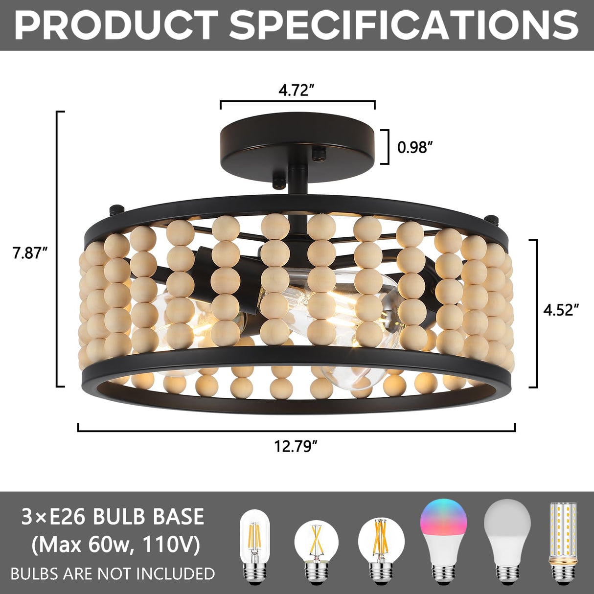 Luupyia Wood Bead Ceiling Light 3Lights, 12.79Inches Vintage Boho Ceiling Light Fixture Small Chandeliers Semi Flush Mount Mid Century Retro Overhead Lighting for Bedroom Foyer Hallway, E26 Luupyia