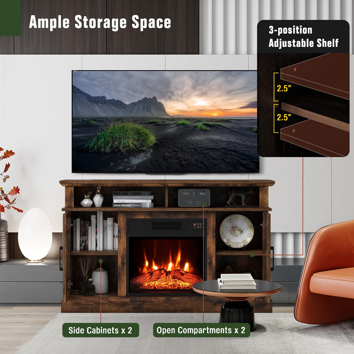 SIMOE Fireplace TV Stand for 55 TV, 48 Inch Tv Stand with 18 Inch Electric Fireplace Heater, Mondern Tv Console w/Cabinets & Doors, 6H Timer & Remote Control for Living Room, Home SIMOE