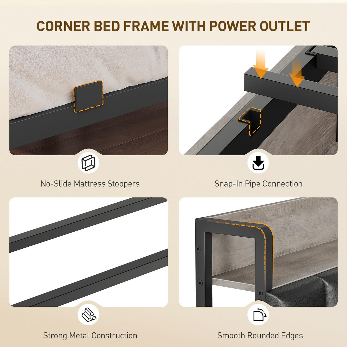 RALGEND Corner Bed Frame with Bookcase Storage and PU Upholstered, Twin Daybed with 2 Drawers and Charging Station, Metal Platform Bed Fram for Living Room, Bedroom, Guest Room, Gray and Black RALGEND