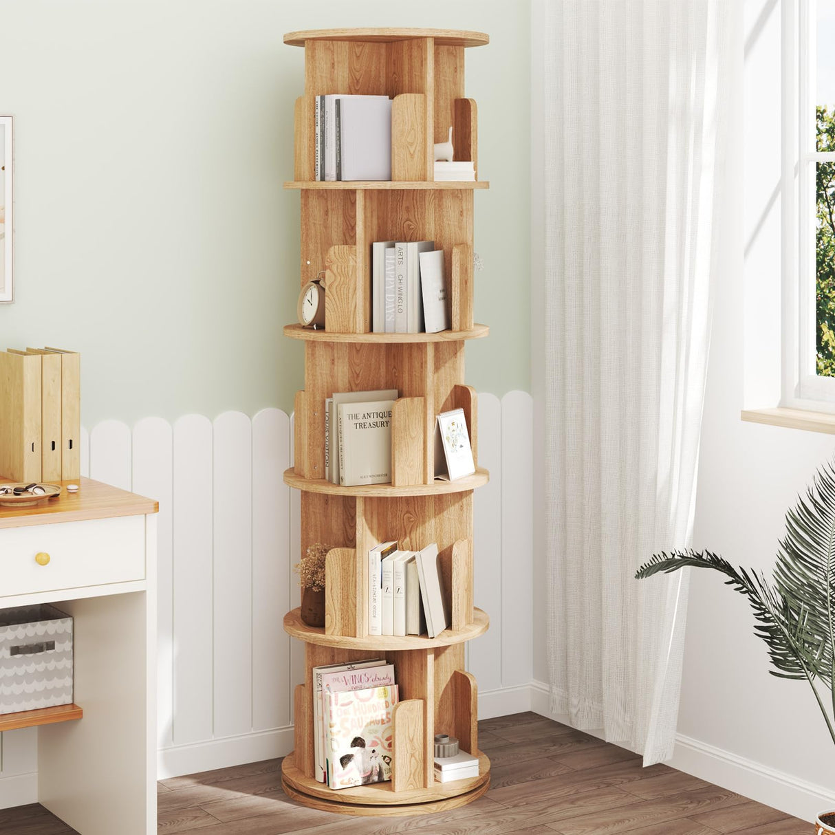 MXV Rotating Bookshelf, 360° Display 5 Tier Floor Standing Bookcase, Storage Rack for Kids&Adult, Multi-Functional Bookshelf Organizer for Bedroom, Study Room and Living Room MXV