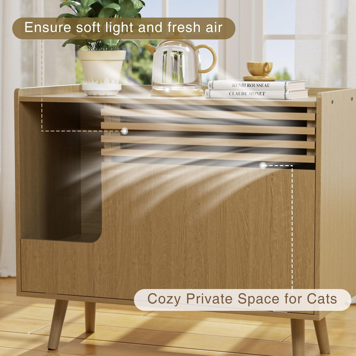 Halitaa Cat Litter Box Enclosure,Mid-Century Modern Hidden Litter Box Furniture with Cat Scratch Pad,Flip-Down Opening Litter Box Cabinet Cat Washroom End Table,Natural Halitaa