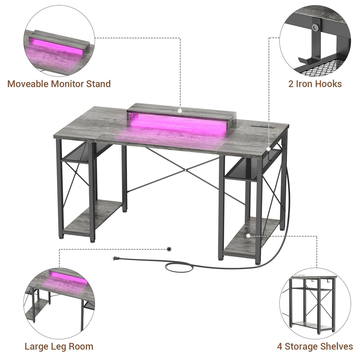 armocity Computer Desk with LED Lights, 55 Inch Desk with Power Outlet and USB, Reversible Large Desk with Moveable Monitor Stand, 55.2'' Gaming PC Table for Home Office, Workstation, Grey armocity
