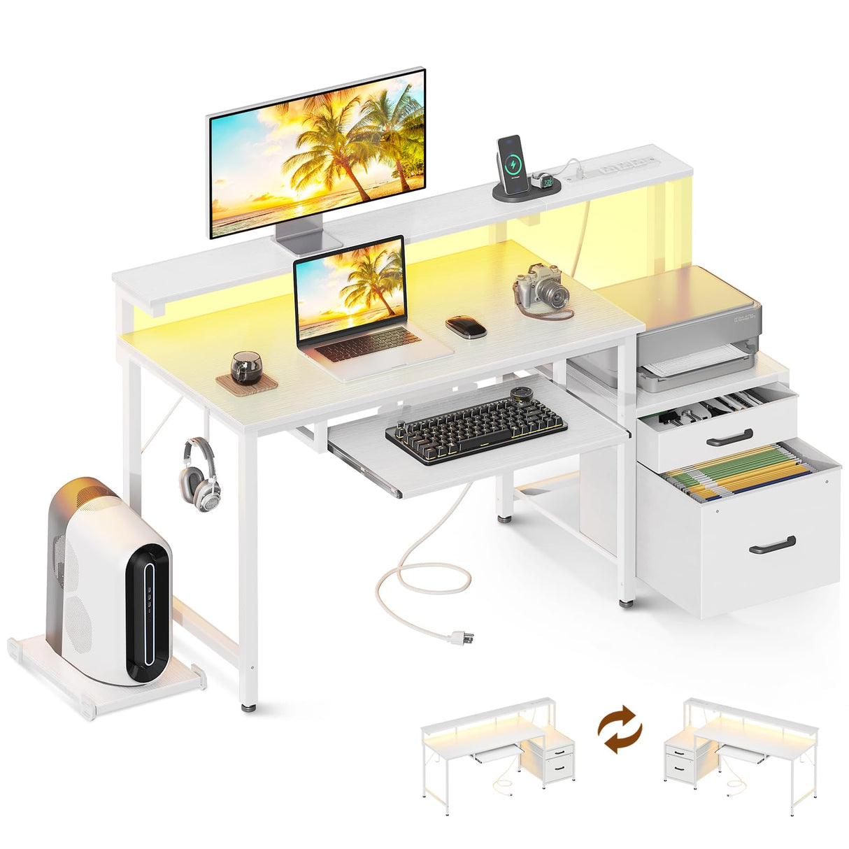 AODK 48" Computer Desk with Fabric File Cabinet and Drawer, Reversible Office Desk with Power Outlet and LED Light, Study Desk with Printer Stand, Keyboard Tray, Full Monitor Riser and PC Stand, White AODK