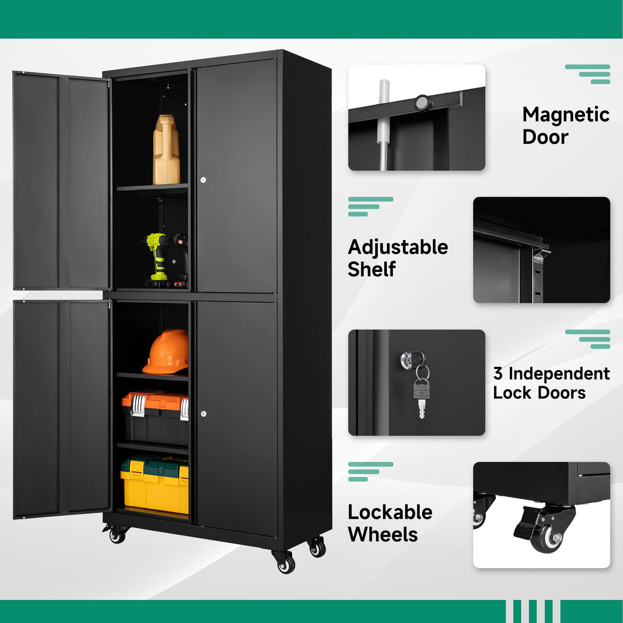 Letaya Metal Garage Storage Cabinet with Wheels,Steel Tool Rolling Cabinets with Lock Door and Adjustable Shelves fro Home Utility Organization Room(1PC-Black) Letaya