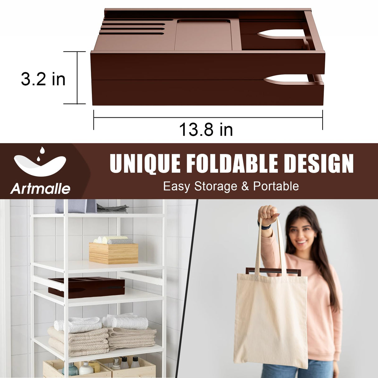 Artmalle Bathtub Tray for Tub, Expandable Bamboo Bath Caddy Tray with Book Stand for Home Spa Relaxing, Foldable Minimalist Bathroom Accessories for Women Men (Simple, Brown) Artmalle