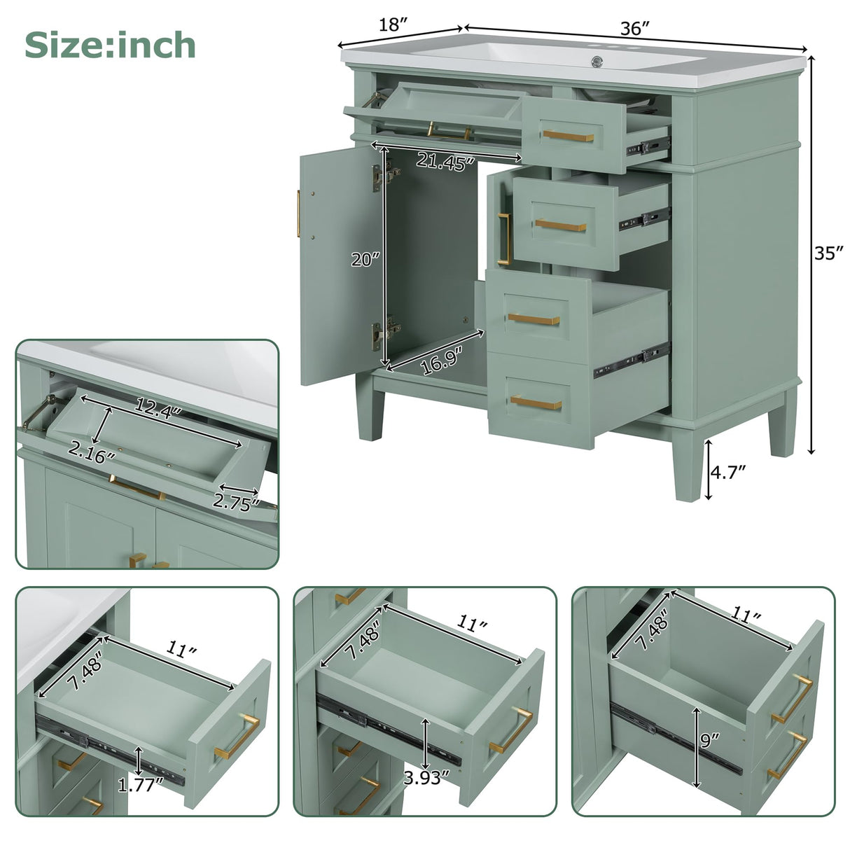 LUMISOL 36" Bathroom Vanity with Sink Combo, Modern Green Bathroom Storage Cabinet with Tip-Out Drawer, 3 Drawers & 2 Soft-Close Doors, Solid Wood Bathroom Vanity with Undermount Sink, Green LUMISOL