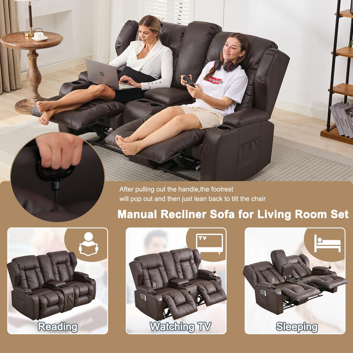 SAMERY 65.5" RV Loveseat Recliner Double Recliner RV Sofa & Console | Wall Hugger Loveseat Reclining RV | RV Theater Seats | RV Couch | RV Home Theater Seating Furniture (Faux Leather Brown) SAMERY