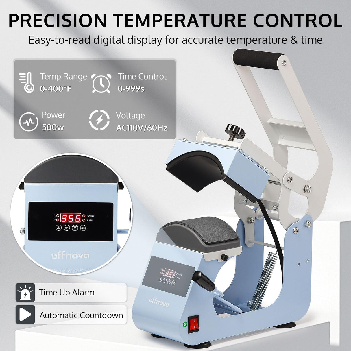 OFFNOVA Hat Heat Press Machine for Caps with 2 Interchangeable Platens, Temp & Time Control with Auto Countdown, Efficient Heat Transfer for HTV Iron On and Sublimation Projects (Handle-Blue) OFFNOVA