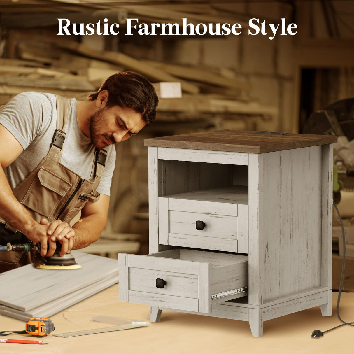 Lifewit Farmhouse Nightstand with Power Outlets and USB Ports, Bedside Table with 2 Drawers and 1 Open Storage Space, Side Table, End Table, Night Stand for Bedroom, Rustic White Lifewit