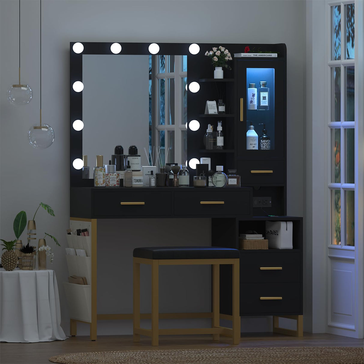 Makeup Vanity Table Set with LED Lights & Charing Station, Large Make up Vanity Desk with Mirror and Lights, Dressing Vanity Table with Nightstand & Soft Stool, Black Vanity with Drawers & RGB Cabinet CSZZD