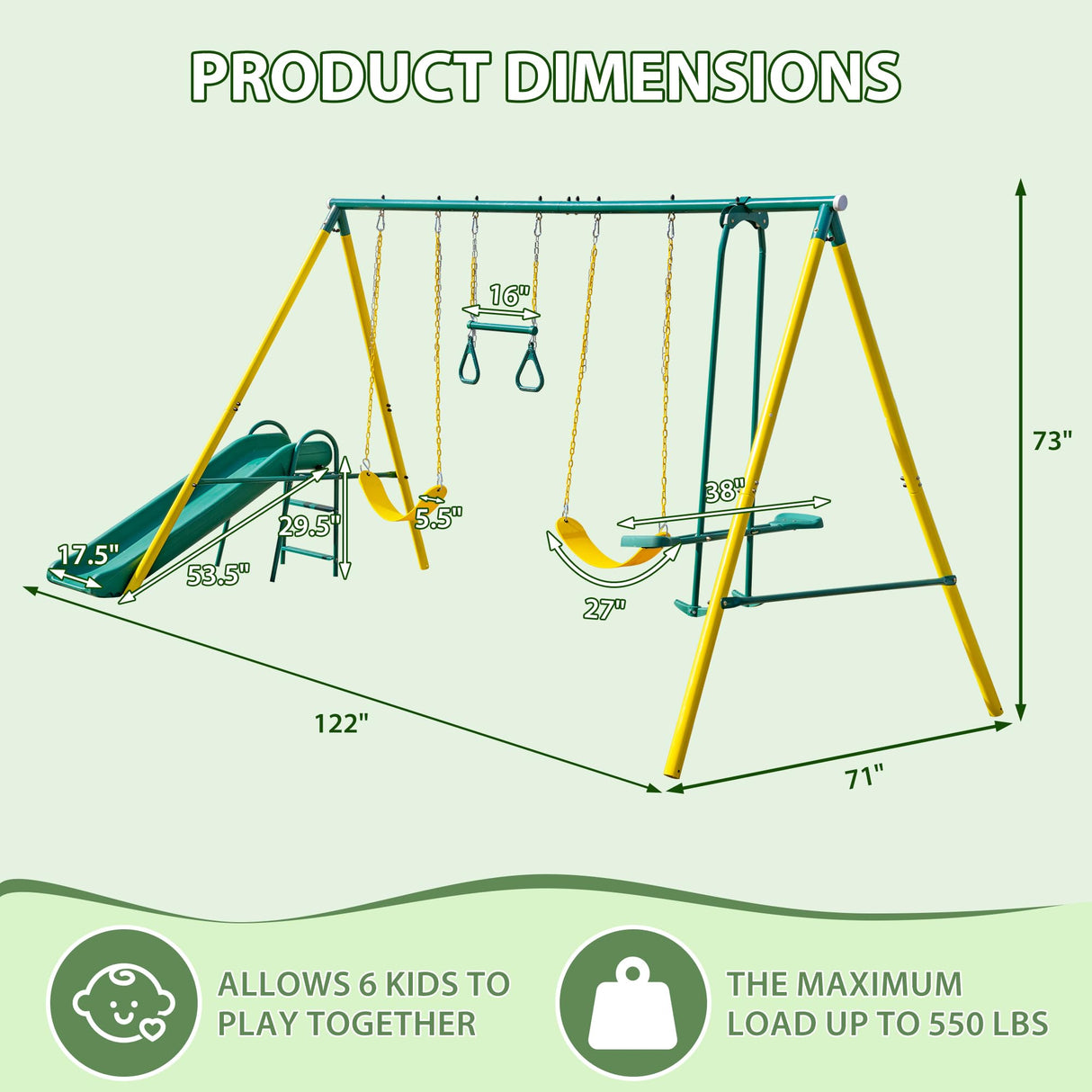 Swing Sets for Backyard, 5 in 1 Heavy-Duty Metal Swing Stand with Belt Swing, Glider, Trapeze Bar, Slide, A-Frame Outside Swing Set for Boy Girl Gift, Holds Up to 550lbs Aura Outdoor
