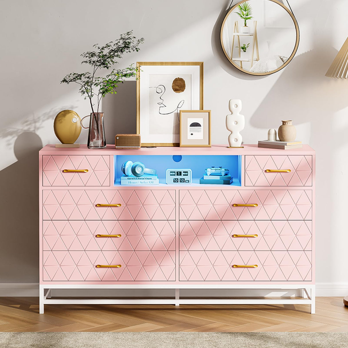 Patikuin Pink Dresser Bedroom with 8 Large Drawer, Tv Stand Dressers with Led Light and Power Outlet, Wood Dresser Drawer Organizers with Deep Drawers, Modern Dresser for Bedroom, Closet, Hallway, Patikuin