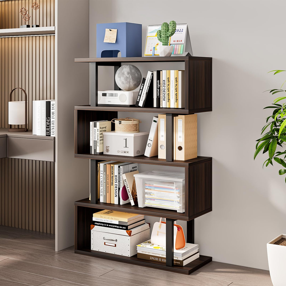 SORCEDAS Bookshelf Geometric Bookcase S Shaped Industrial Bookshelf Storage Display Stand Shelf for Living Room Bedroom and Office Room (Black, 4 Tier) SORCEDAS