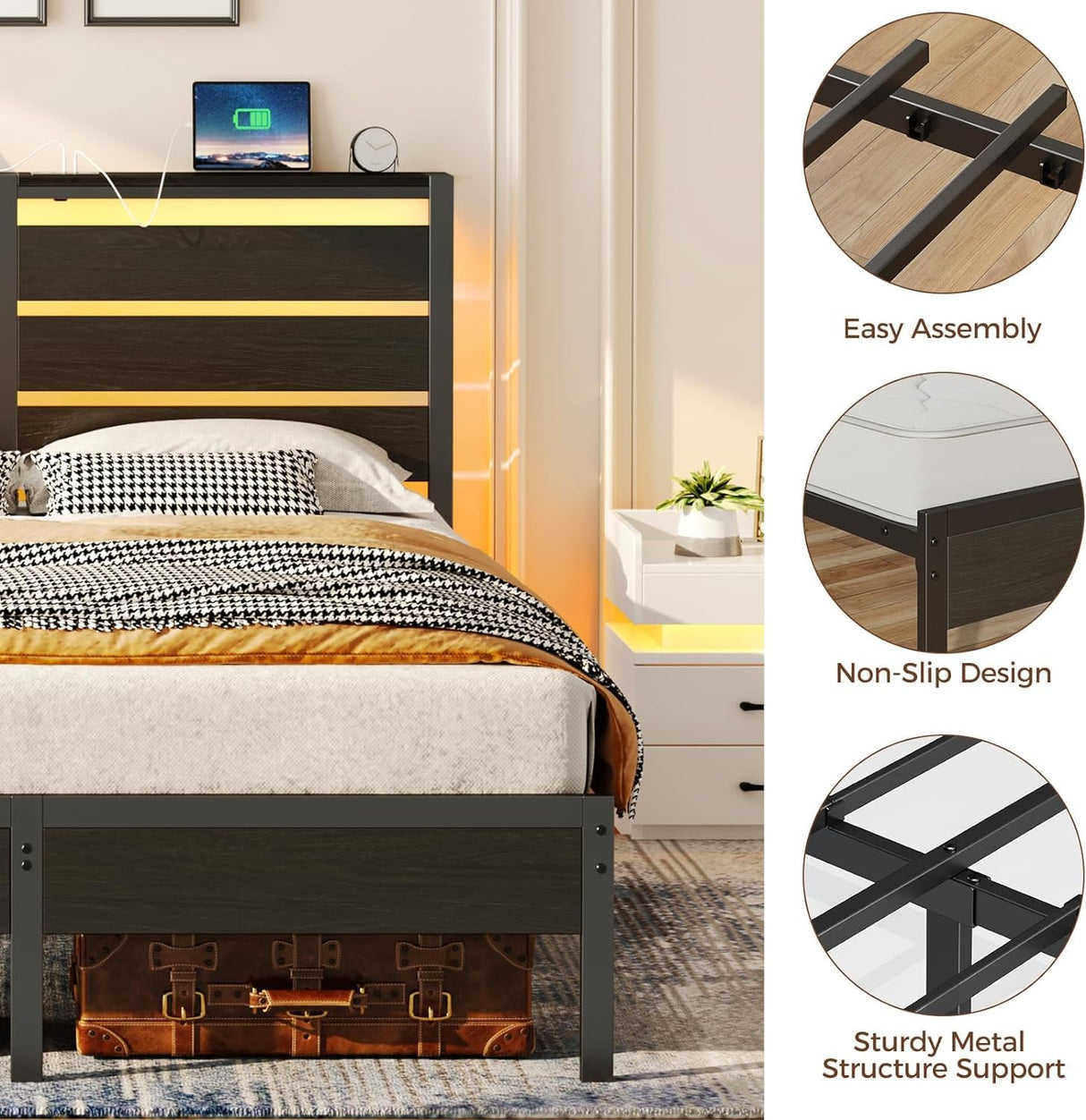 Rolanstar Bed Frame Twin Size with USB Charging Station, LED Bed Frame with Wood Storage Headboard, Black Metal Platform Bed with Under Bed Storage, No Box Spring Needed, Noise Free Rolanstar