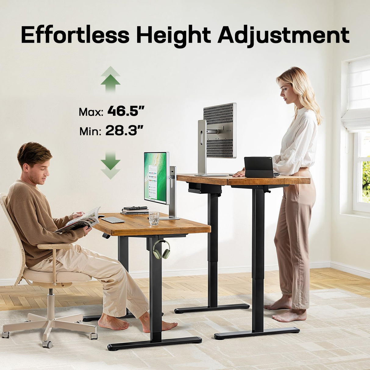 Marsail 48 x 30 Electric Standing Desk with One-Piece Desktop, Sit Stand Desk with Thickened Tabletop, Height Adjustable Stand Up Desk with Cable Management for Home Office(Frame+Desktop, 2 Packages) Marsail