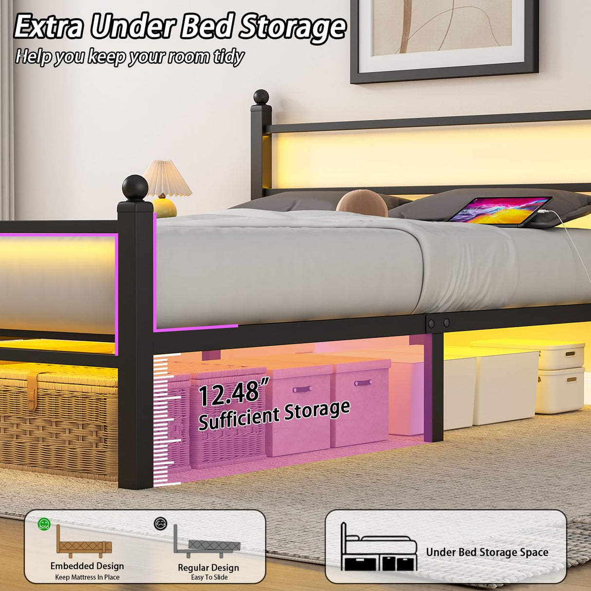 Gohapnis Full Size Bed Frame with Headboard and Footboard,Black Metal Platform Bed Frames with LED Lights and USB Charging Station,Heavy Duty Metal Slats,No Box Spring Needed,Sturdy&Noise Free Gohapnis