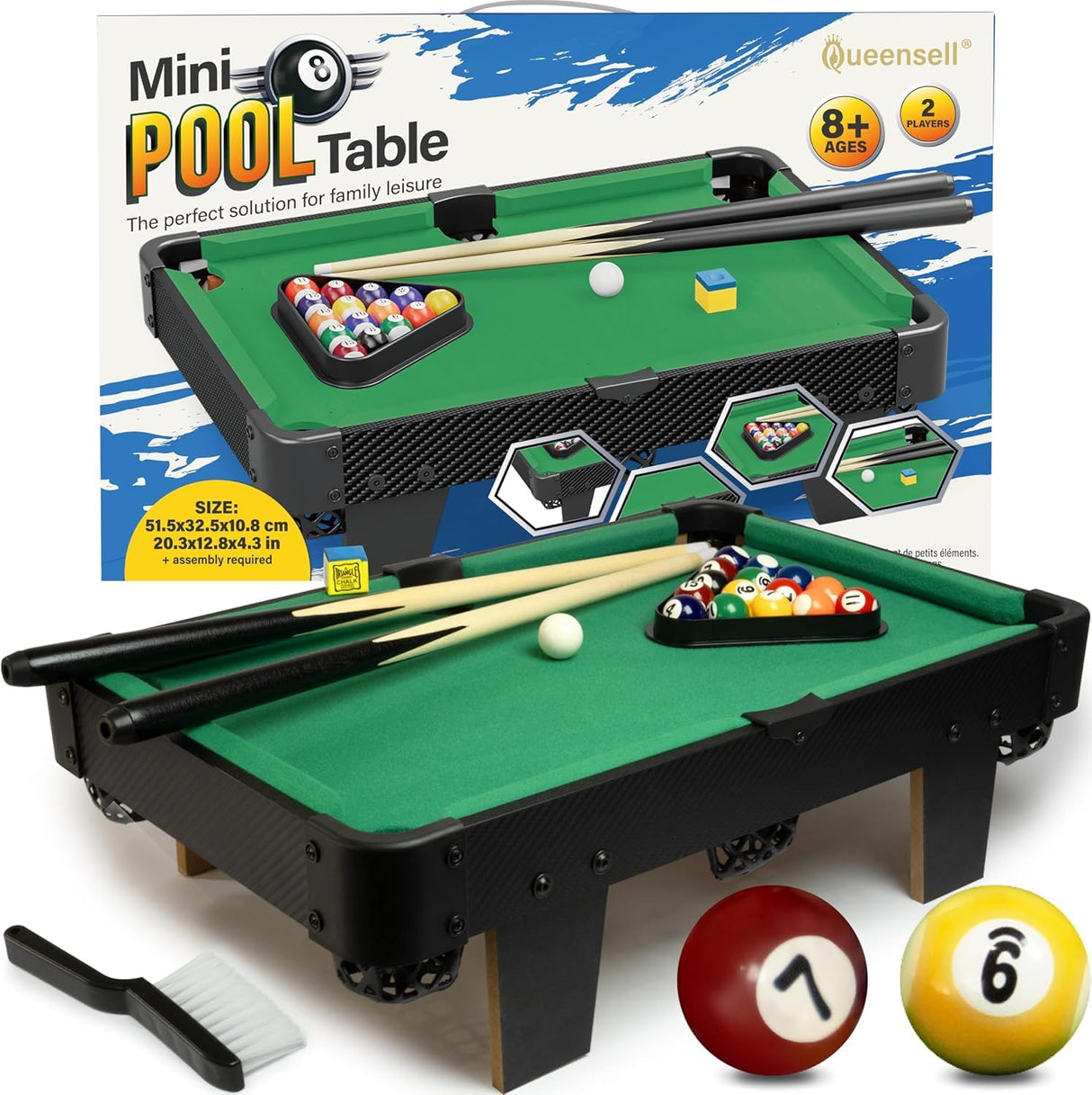 Mini Pool Table for Kids and Adults – 20-Inch Small Pool Table, Mini Billiards Table for Family Game Nights - Simple Assembly Required Queensell