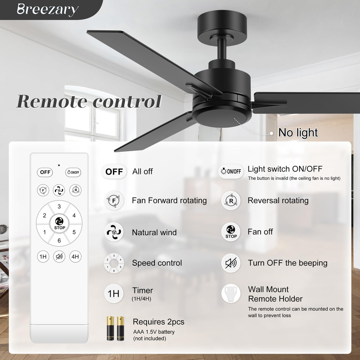 Breezary 48 inch Industrial Ceiling Fans without Lights Remote Control, 6-Speed, Reversible DC Motor, 3 Blades, Modern Indoor/Outdoor Ceiling Fan No Light for Patio Home Office, Black Breezary
